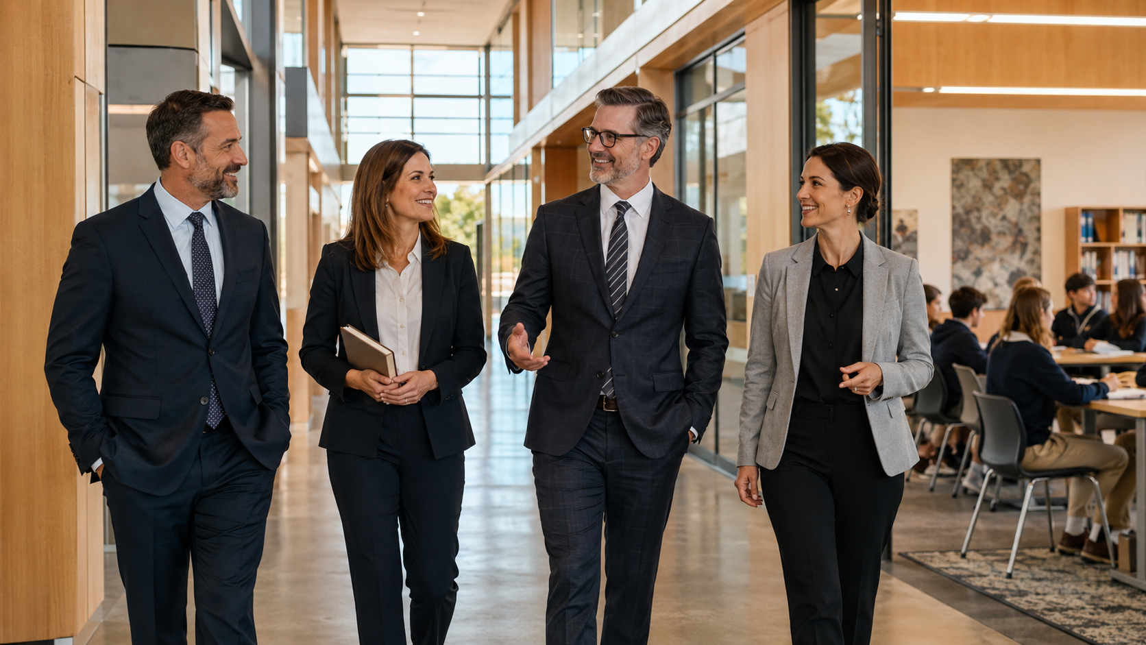 School leaders walking through a modern campus
